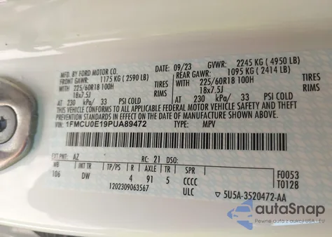 2023 Ford Escape Phev z USA, uszkodzony, nr VIN 1FMCU0E19PUA89472